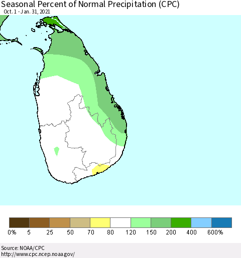 Sri Lanka Seasonal Percent of Normal Precipitation (CPC) Thematic Map For 10/1/2020 - 1/31/2021