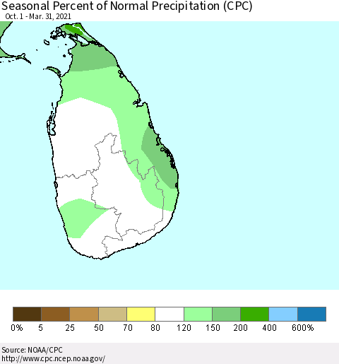 Sri Lanka Seasonal Percent of Normal Precipitation (CPC) Thematic Map For 10/1/2020 - 3/31/2021