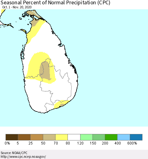 Sri Lanka Seasonal Percent of Normal Precipitation (CPC) Thematic Map For 10/1/2020 - 11/20/2020
