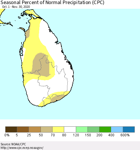 Sri Lanka Seasonal Percent of Normal Precipitation (CPC) Thematic Map For 10/1/2020 - 11/30/2020