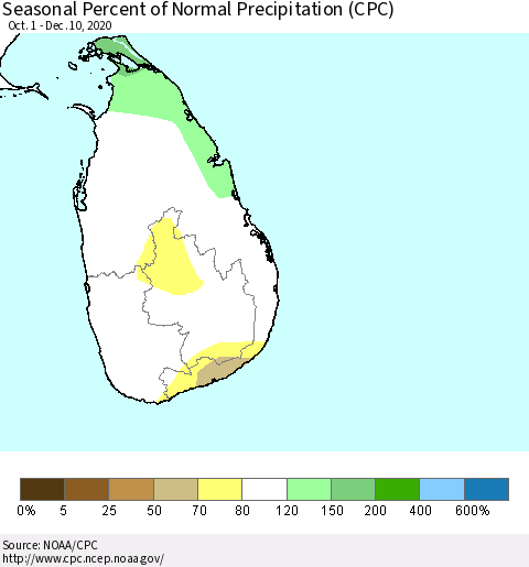 Sri Lanka Seasonal Percent of Normal Precipitation (CPC) Thematic Map For 10/1/2020 - 12/10/2020