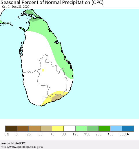 Sri Lanka Seasonal Percent of Normal Precipitation (CPC) Thematic Map For 10/1/2020 - 12/31/2020