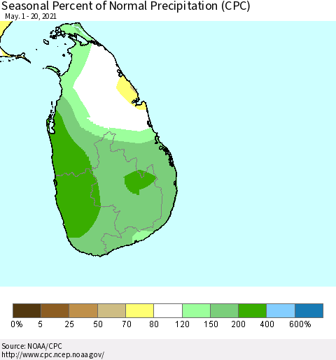 Sri Lanka Seasonal Percent of Normal Precipitation (CPC) Thematic Map For 5/1/2021 - 5/20/2021