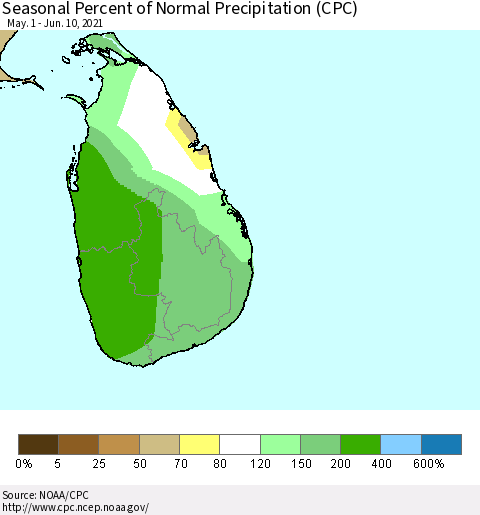 Sri Lanka Seasonal Percent of Normal Precipitation (CPC) Thematic Map For 5/1/2021 - 6/10/2021