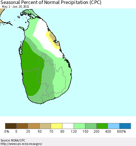 Sri Lanka Seasonal Percent of Normal Precipitation (CPC) Thematic Map For 5/1/2021 - 6/20/2021