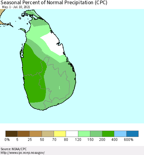 Sri Lanka Seasonal Percent of Normal Precipitation (CPC) Thematic Map For 5/1/2021 - 7/10/2021