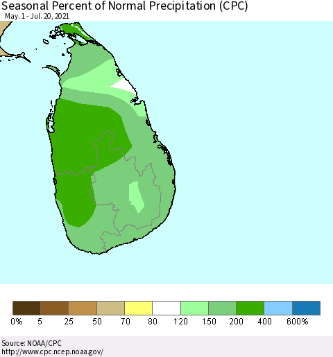 Sri Lanka Seasonal Percent of Normal Precipitation (CPC) Thematic Map For 5/1/2021 - 7/20/2021