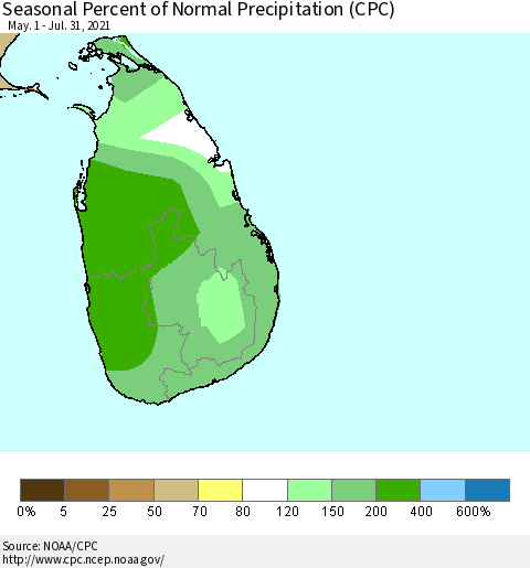 Sri Lanka Seasonal Percent of Normal Precipitation (CPC) Thematic Map For 5/1/2021 - 7/31/2021