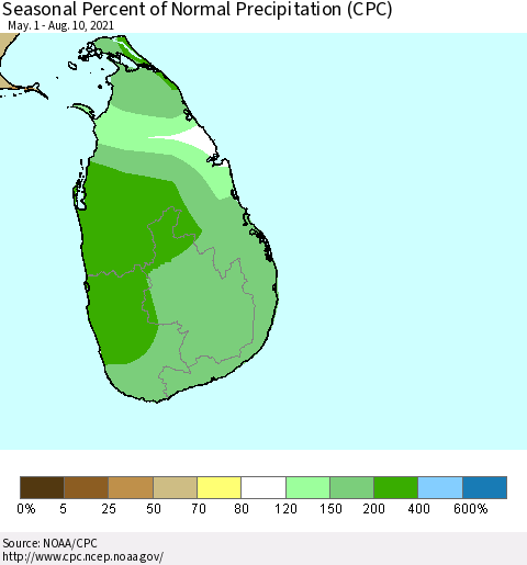 Sri Lanka Seasonal Percent of Normal Precipitation (CPC) Thematic Map For 5/1/2021 - 8/10/2021