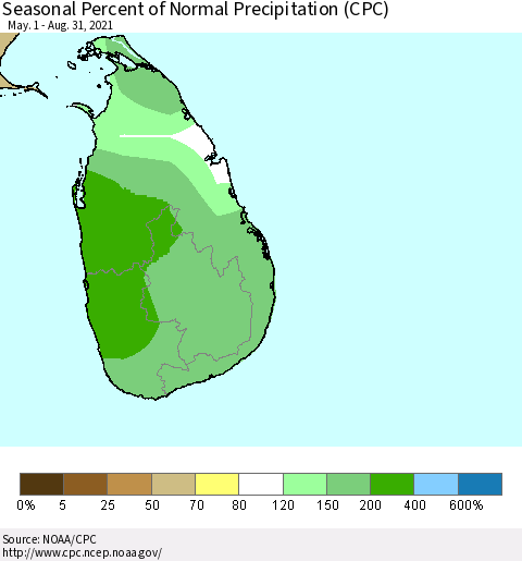 Sri Lanka Seasonal Percent of Normal Precipitation (CPC) Thematic Map For 5/1/2021 - 8/31/2021