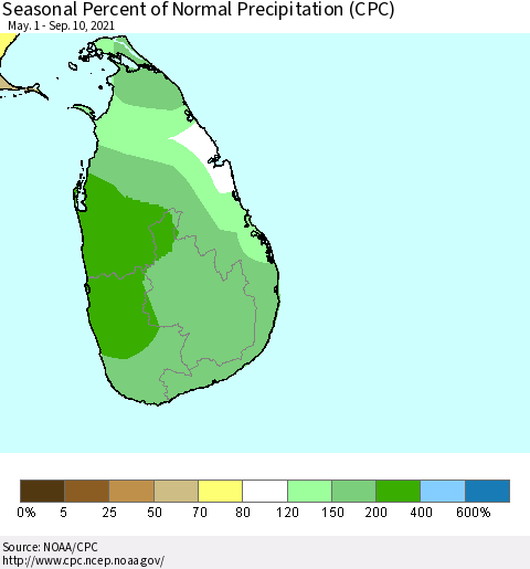 Sri Lanka Seasonal Percent of Normal Precipitation (CPC) Thematic Map For 5/1/2021 - 9/10/2021