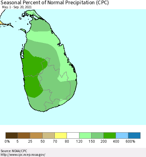 Sri Lanka Seasonal Percent of Normal Precipitation (CPC) Thematic Map For 5/1/2021 - 9/20/2021