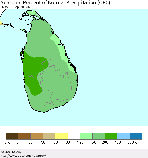 Sri Lanka Seasonal Percent of Normal Precipitation (CPC) Thematic Map For 5/1/2021 - 9/30/2021