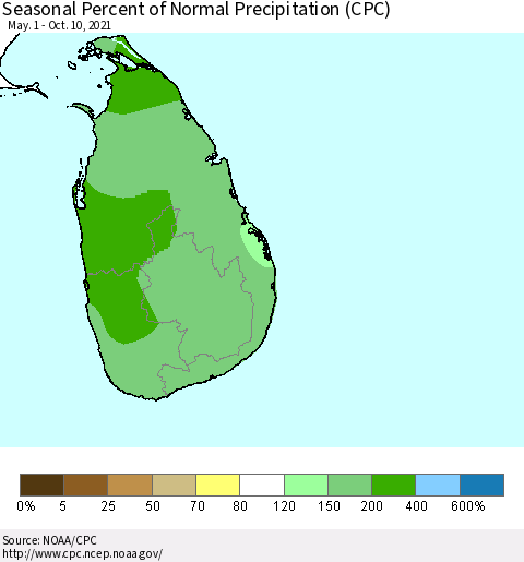 Sri Lanka Seasonal Percent of Normal Precipitation (CPC) Thematic Map For 5/1/2021 - 10/10/2021