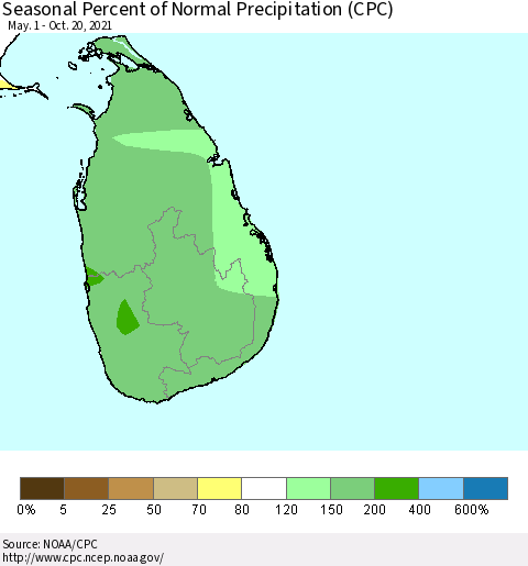 Sri Lanka Seasonal Percent of Normal Precipitation (CPC) Thematic Map For 5/1/2021 - 10/20/2021