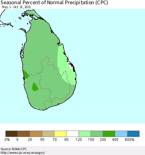 Sri Lanka Seasonal Percent of Normal Precipitation (CPC) Thematic Map For 5/1/2021 - 10/31/2021
