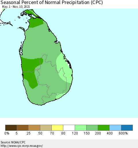 Sri Lanka Seasonal Percent of Normal Precipitation (CPC) Thematic Map For 5/1/2021 - 11/10/2021