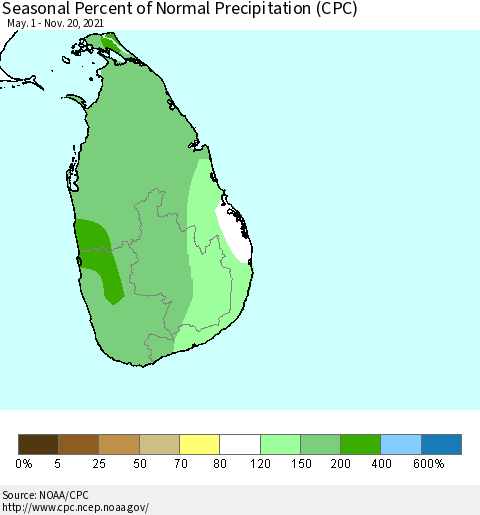 Sri Lanka Seasonal Percent of Normal Precipitation (CPC) Thematic Map For 5/1/2021 - 11/20/2021