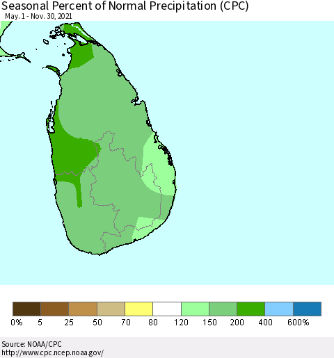 Sri Lanka Seasonal Percent of Normal Precipitation (CPC) Thematic Map For 5/1/2021 - 11/30/2021