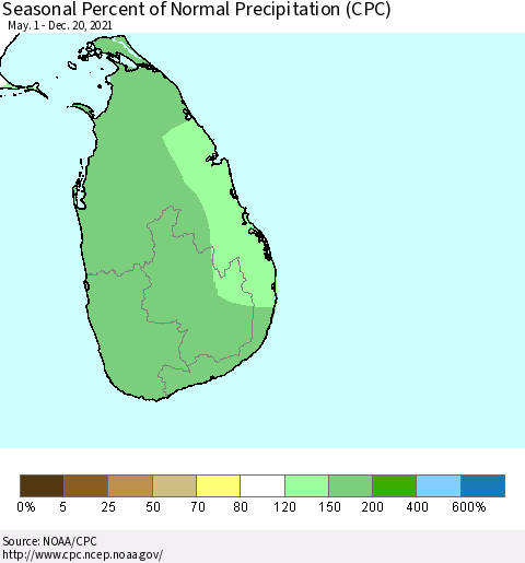 Sri Lanka Seasonal Percent of Normal Precipitation (CPC) Thematic Map For 5/1/2021 - 12/20/2021