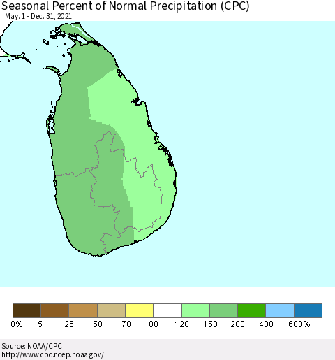 Sri Lanka Seasonal Percent of Normal Precipitation (CPC) Thematic Map For 5/1/2021 - 12/31/2021