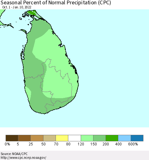 Sri Lanka Seasonal Percent of Normal Precipitation (CPC) Thematic Map For 10/1/2021 - 1/10/2022