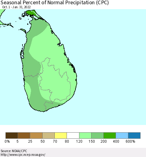 Sri Lanka Seasonal Percent of Normal Precipitation (CPC) Thematic Map For 10/1/2021 - 1/31/2022