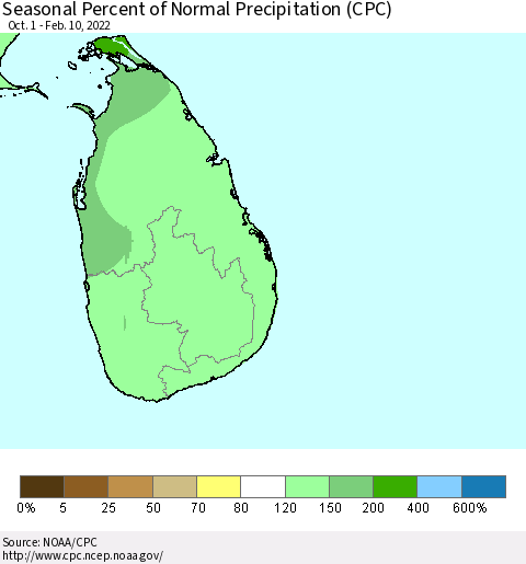 Sri Lanka Seasonal Percent of Normal Precipitation (CPC) Thematic Map For 10/1/2021 - 2/10/2022