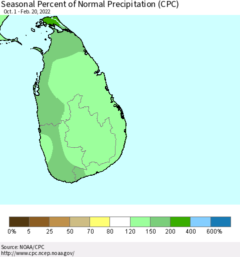 Sri Lanka Seasonal Percent of Normal Precipitation (CPC) Thematic Map For 10/1/2021 - 2/20/2022