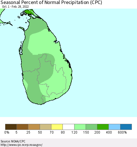 Sri Lanka Seasonal Percent of Normal Precipitation (CPC) Thematic Map For 10/1/2021 - 2/28/2022