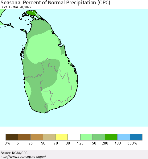 Sri Lanka Seasonal Percent of Normal Precipitation (CPC) Thematic Map For 10/1/2021 - 3/20/2022