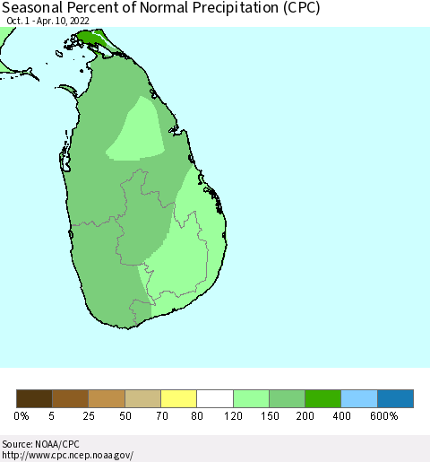 Sri Lanka Seasonal Percent of Normal Precipitation (CPC) Thematic Map For 10/1/2021 - 4/10/2022