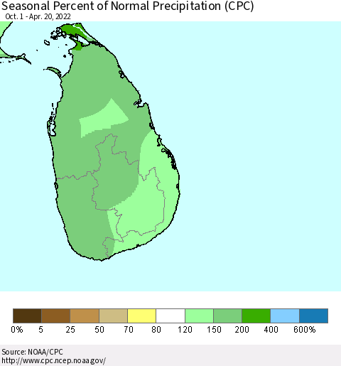 Sri Lanka Seasonal Percent of Normal Precipitation (CPC) Thematic Map For 10/1/2021 - 4/20/2022