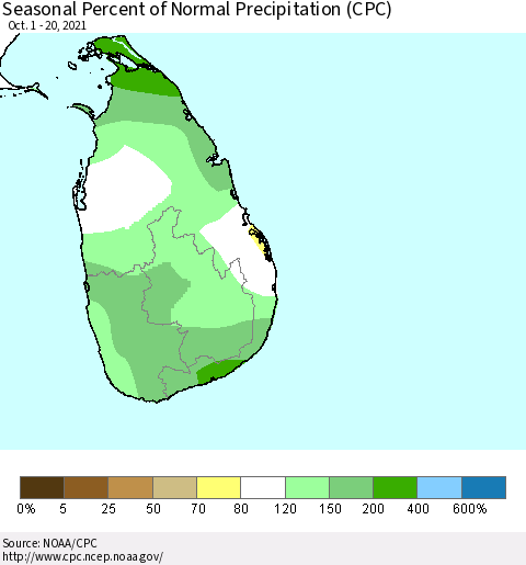 Sri Lanka Seasonal Percent of Normal Precipitation (CPC) Thematic Map For 10/1/2021 - 10/20/2021
