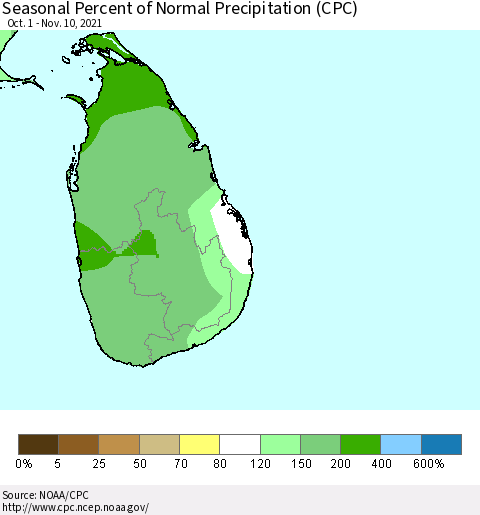 Sri Lanka Seasonal Percent of Normal Precipitation (CPC) Thematic Map For 10/1/2021 - 11/10/2021