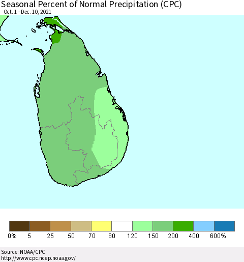 Sri Lanka Seasonal Percent of Normal Precipitation (CPC) Thematic Map For 10/1/2021 - 12/10/2021