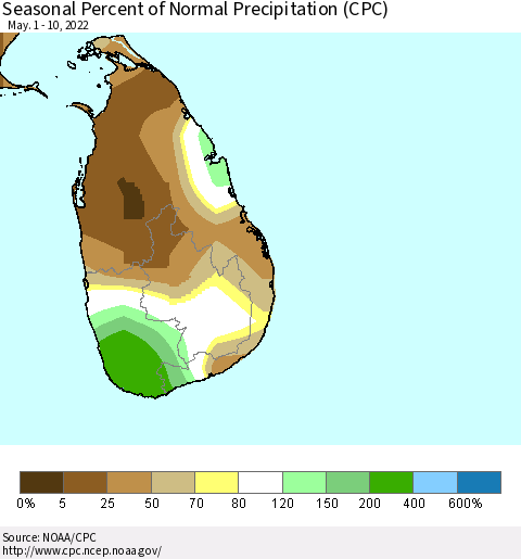 Sri Lanka Seasonal Percent of Normal Precipitation (CPC) Thematic Map For 5/1/2022 - 5/10/2022
