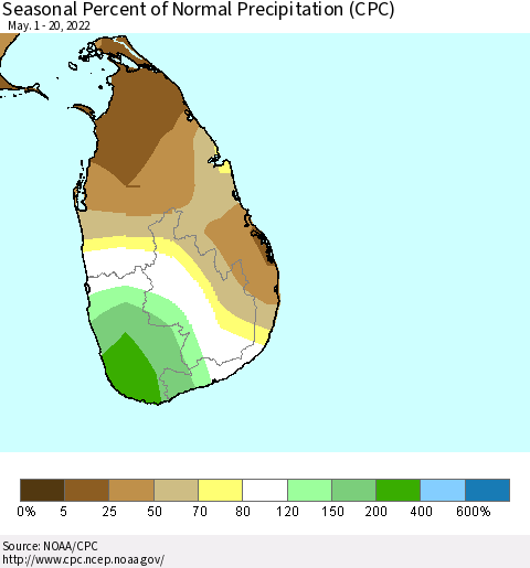 Sri Lanka Seasonal Percent of Normal Precipitation (CPC) Thematic Map For 5/1/2022 - 5/20/2022