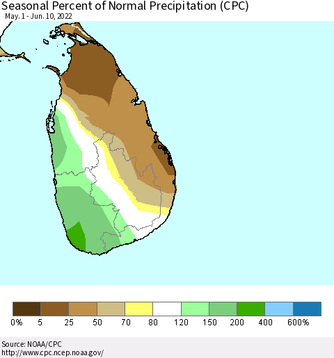 Sri Lanka Seasonal Percent of Normal Precipitation (CPC) Thematic Map For 5/1/2022 - 6/10/2022