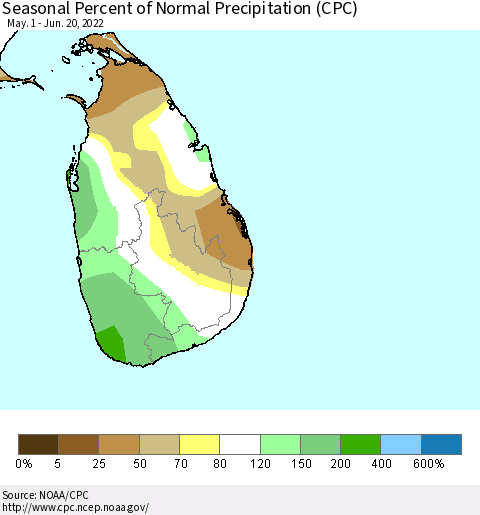 Sri Lanka Seasonal Percent of Normal Precipitation (CPC) Thematic Map For 5/1/2022 - 6/20/2022