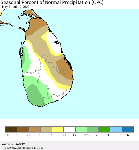 Sri Lanka Seasonal Percent of Normal Precipitation (CPC) Thematic Map For 5/1/2022 - 7/10/2022