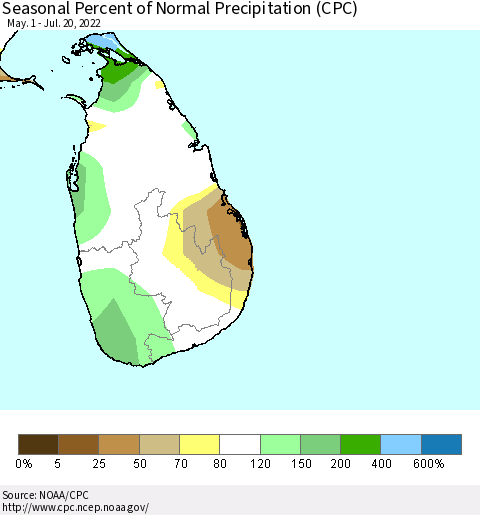 Sri Lanka Seasonal Percent of Normal Precipitation (CPC) Thematic Map For 5/1/2022 - 7/20/2022