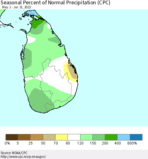 Sri Lanka Seasonal Percent of Normal Precipitation (CPC) Thematic Map For 5/1/2022 - 7/31/2022