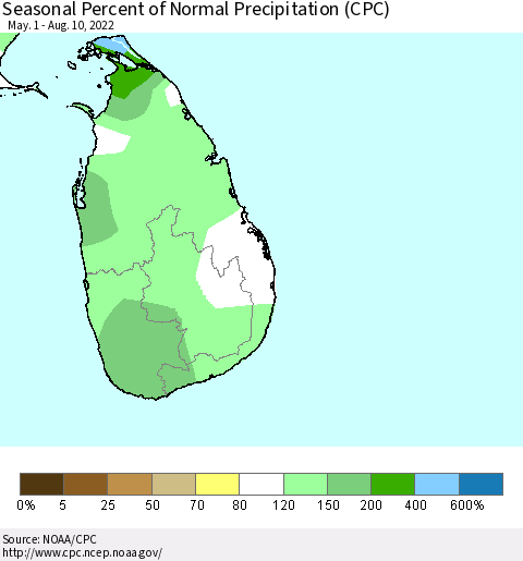 Sri Lanka Seasonal Percent of Normal Precipitation (CPC) Thematic Map For 5/1/2022 - 8/10/2022