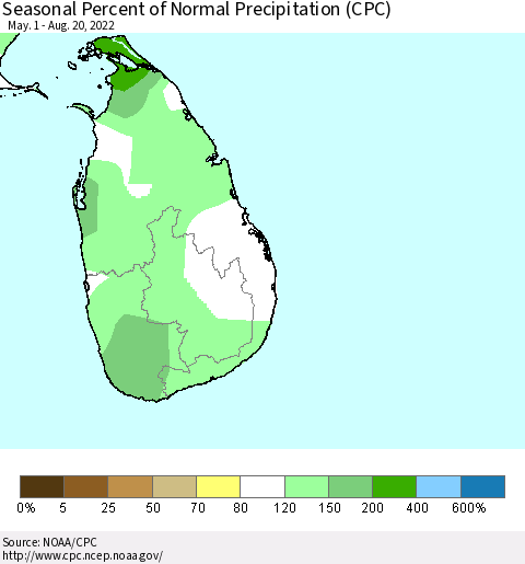 Sri Lanka Seasonal Percent of Normal Precipitation (CPC) Thematic Map For 5/1/2022 - 8/20/2022