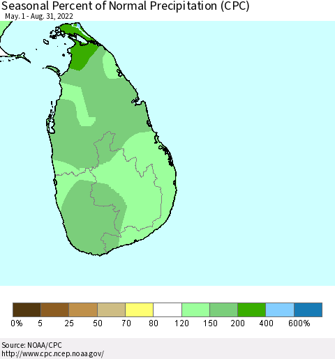 Sri Lanka Seasonal Percent of Normal Precipitation (CPC) Thematic Map For 5/1/2022 - 8/31/2022