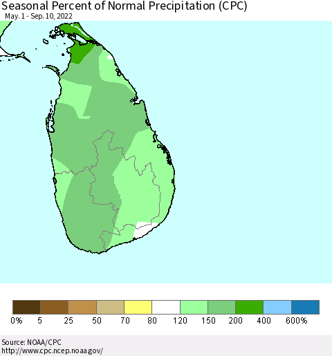 Sri Lanka Seasonal Percent of Normal Precipitation (CPC) Thematic Map For 5/1/2022 - 9/10/2022