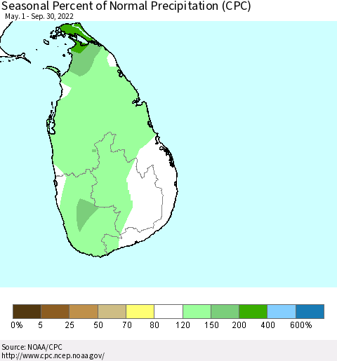 Sri Lanka Seasonal Percent of Normal Precipitation (CPC) Thematic Map For 5/1/2022 - 9/30/2022