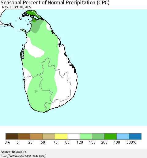 Sri Lanka Seasonal Percent of Normal Precipitation (CPC) Thematic Map For 5/1/2022 - 10/10/2022