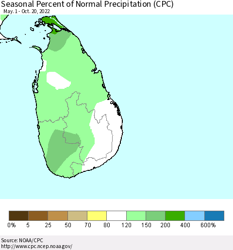 Sri Lanka Seasonal Percent of Normal Precipitation (CPC) Thematic Map For 5/1/2022 - 10/20/2022